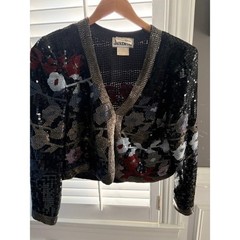 Jack Bryan Neiman Marcus Vintage Sequin Floral Bolero Jacket Black Silver Size 8
