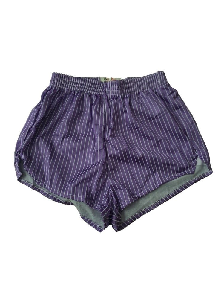 NEW VTG 80s Genie Purple Stripe All Nylon Short Shorts Sz S Rollerskate Jog Gym