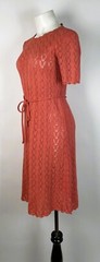 Vintage 1950s coral Pink Eyelet Midi Day Dress Waist Tie Fits a S/M