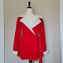 Vtg Red Suit Set Sz M Disco 70s High Rise Wide Leg Pants Wrap Point Collar READ