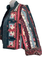 Vtg Holiday Xmas Red & Green Handmade Reversible Quilt Open Front Jacket Sz M