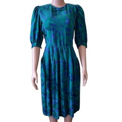Vintage Adrianna Papell Green Floral Half Sleeve Silk Romantic Dress Size 6