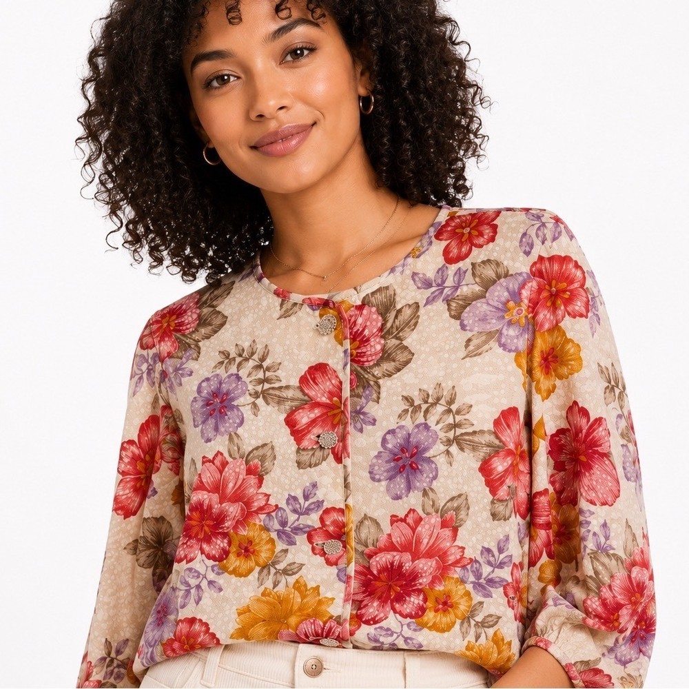 Anne Crimmins for UMI Collections Vintage Floral Linen Jacket Pink Purple Sz 16
