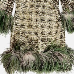 Vintage 60s Custom Green Pink Sequin Ostrich Feather Fitted Mini Cocktail Dress