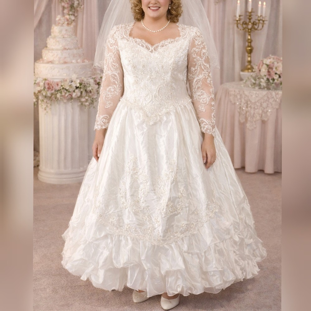 Mary’s Vintage 80s 90s White Long Sleeve Beaded Ruffle Quince Wedding Dress 16
