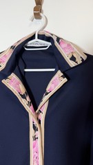 Vintage Leonard Paris Silk Jersey Blouse Size S Floral Trim Navy Blue Luxury