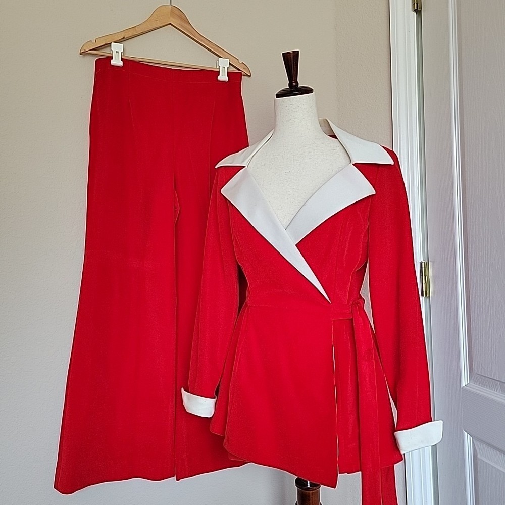 Vtg Red Suit Set Sz M Disco 70s High Rise Wide Leg Pants Wrap Point Collar READ