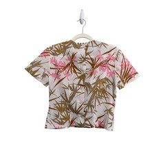 Rhoda Lee Blouse Women 34 White Pink Vintage Bamboo Floral Button Short Sleeve