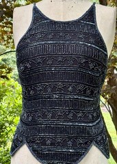 vtg BLACK silk BEADED fitted TOP CAMISOLE scallop by STENAY size XL seed & bugle