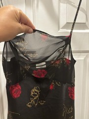 vintage california dynasty nightgown black with red roses satin on tulle size L