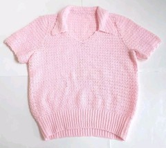 Vintage Handmade Knit Medium Pink V Neck Short Sleeved Collared Top Size XL