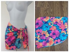 Vintage 90’s Jag Neon Floral Sarong swimsuit cover up tie wrap skirt USA