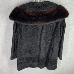 VTG Black Persian Lamb Broadtail Coat Mink Fur Collar Glam Classic S/M Old Money