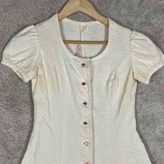 Vintage 60s Vicky Vaughn White Floral Jacquard Puff Sleeve Button Mini Dress