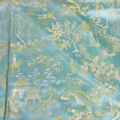 Vintage 50s Brocade Silk Tang Jacket Sz Sm Garden Scene Turquoise NEWLOOK Label