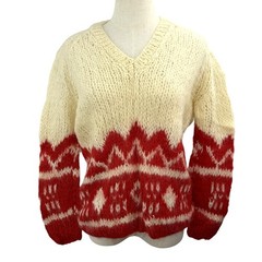 Vintage 60s Hand Knit Italy Russ Mohair Wool Sweater 38 Red Cream Nordic Pattern