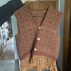 Early 1970s Hand Knit Wool Copper & Brown Fringed Vest