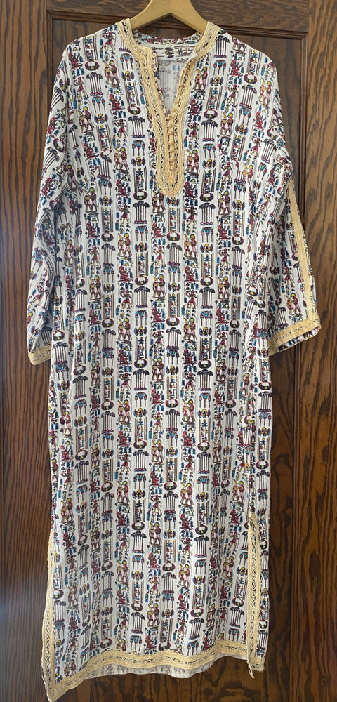 Vtg 60s 70s Cotton NOVELTY EGYPTIAN FIGURES hieroglyph Print Boho CAFTAN Dress M