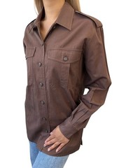 CHANEL Vintage CC Logo Button Up Military Long Sleeve Shirt Brown Cotton