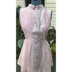 Vtg 80s Pink Silver Floral Empire Layered Taffeta Women’s XS S O USA Short Dress