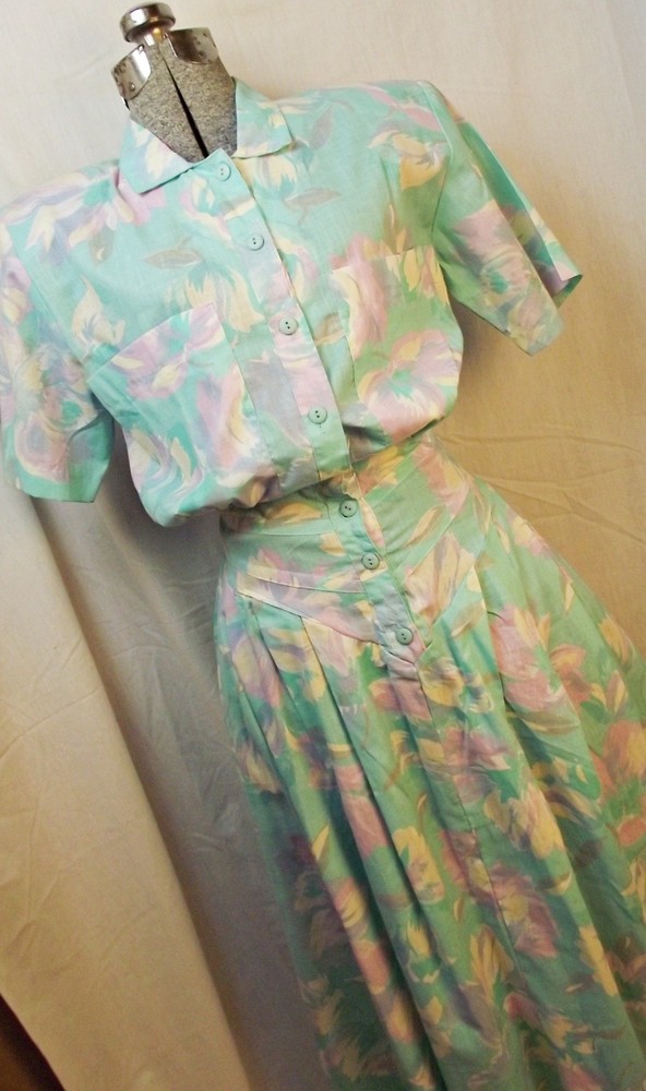 Vtg Miss Oops California Womens 1980s Garden Party Shirt Dress Sz 8 Floral Green