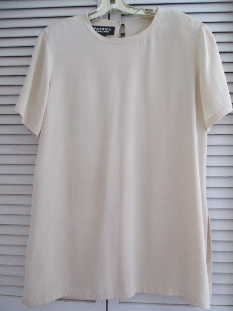 VINTAGE PATRICK COLLECTION BLOUSE TOP SHORT SLEEVE 100% SILK IVORY L NWOT