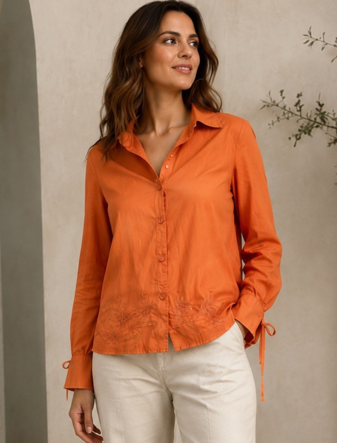 Vintage BiBA Women’s Terracotta Cotton Embroidered Blouse Long Sleeve Size XL