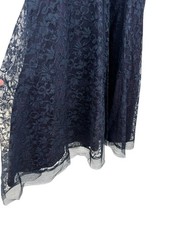Vtg 1950s Lace Secretary Dress Navy Blue Faux Button Front Fit & Flare 35″ Chest