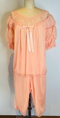 VTG 60’S MOVIE STAR PEACH CHIFFON PUFF&LACE 2PC PAJAMAS TOP&CROP BOTTOM PANT*M/L