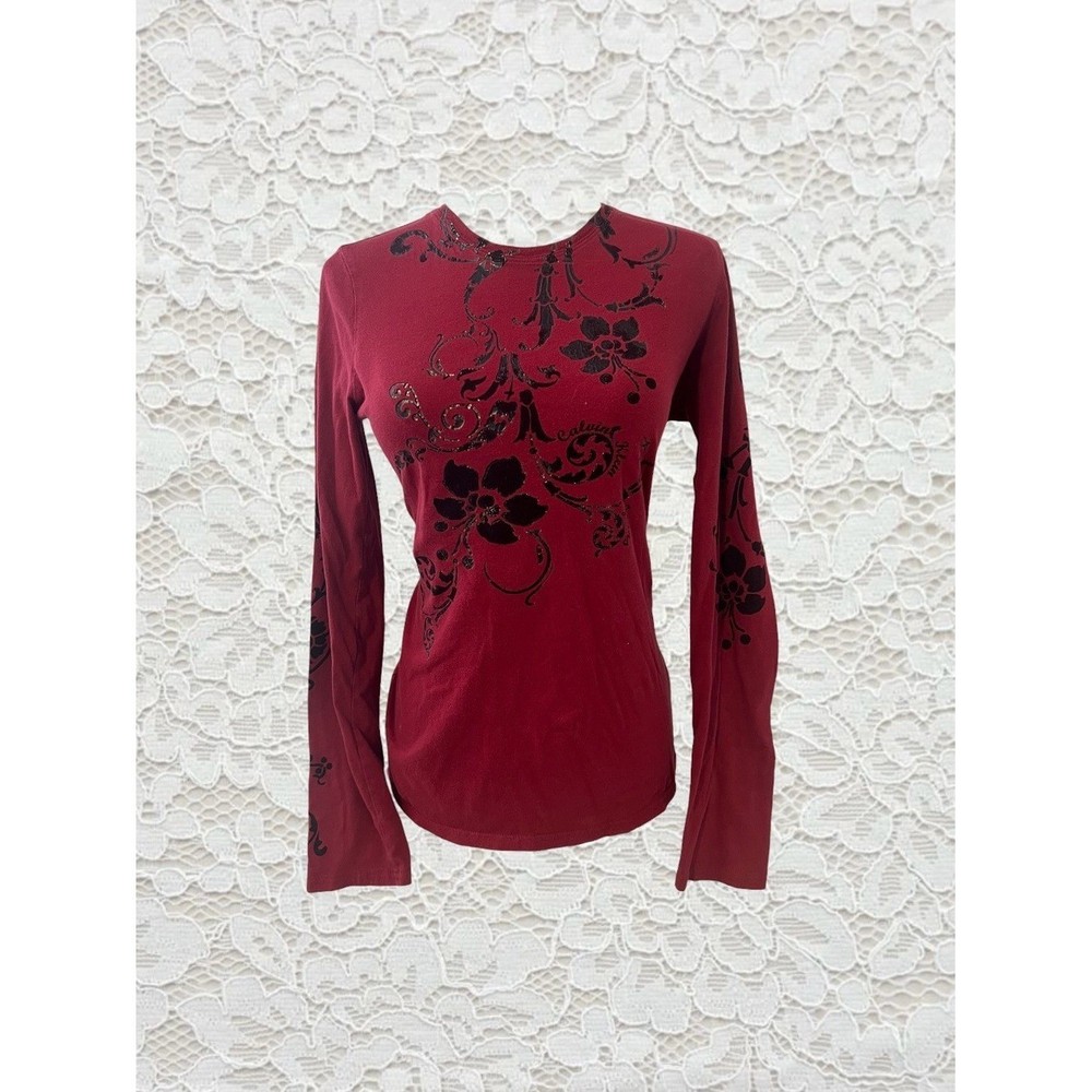 vintage calvin klein red & black all over floral graphic long sleeve fitted top