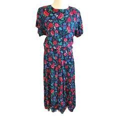 Vintage 80s Blouson Maxi Dress Blue Floral Size Medium Pockets Cottage Core