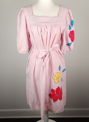 Vintage 80s Sundress MuMu House Dress Flower Applique Pink White Stripe [STAIN]