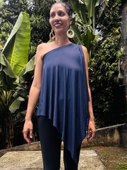 90s Vintage Boutique One shoulder asymmetric Navy Blue Long Blouse Top Dress M