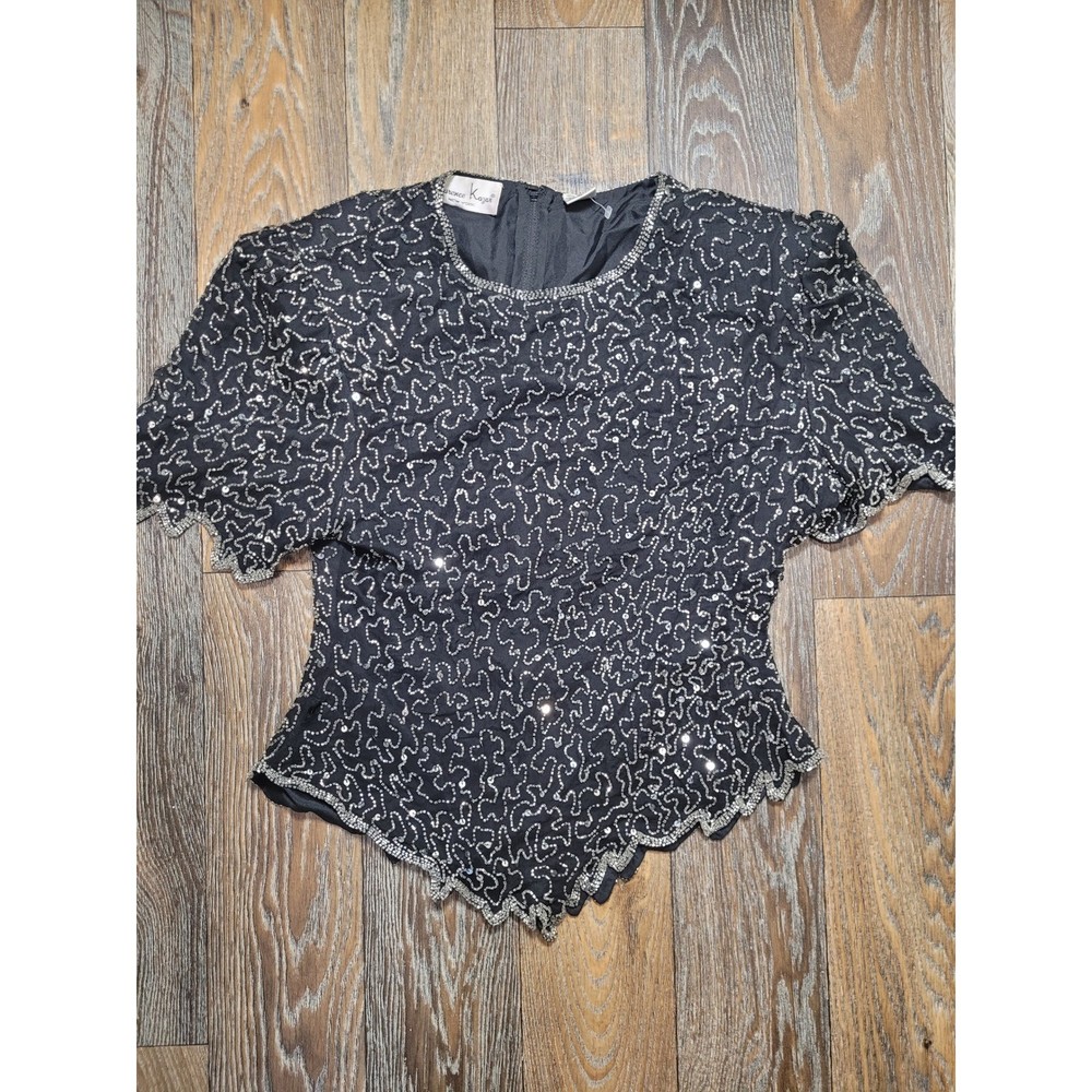 Laurence Kazar New York Vintage Sequin Beaded Silk Top Black Silver XL Evening