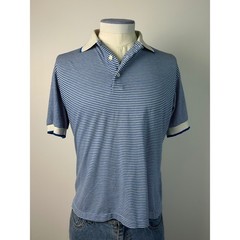 Courtside Vintage Blue White Striped Polo Shirt Short Sleeve Retro Size L