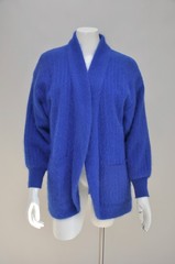 Vintage 1980s Soft Fuzzy Cobalt Blue Long Cardigan Jacket Pockets Warm XS-M