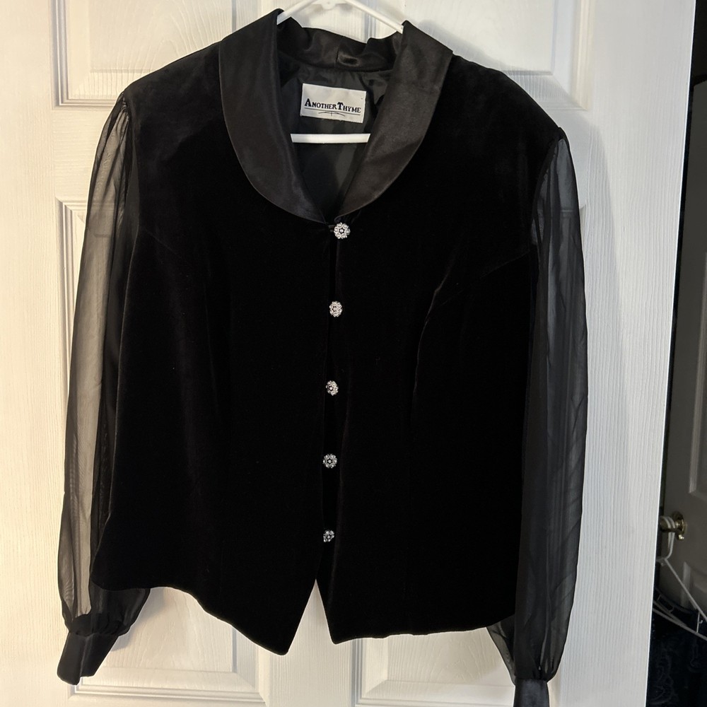 WOMEN’S BLACK VELOUR VINTAGE 1990’S ANOTHER THYME COCKTAIL BLOUSE SZ L