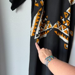 Vintage Batik Printed Boho Black Orange Geometric Pattern Maxi Dress M/L Tall