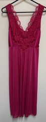 Vintage Adonna Nightgown Fuchsia Pink Silky Nylon & Lace Midi Gown Medium