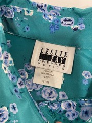 Leslie Fay Short Sleeve Dress Vintage 10P Teal With Blue Flowers Shoulder Pads