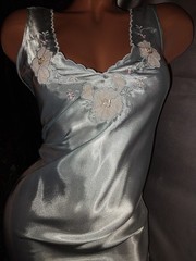 VTG Satin SHINY Baby Blue IMPORT Pink Flowers 80s NEW Babydoll LUXE S LIQUID