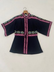 Vintage 70s Miss Joann California Black Kimono Crochet Open Cardigan Multicolor