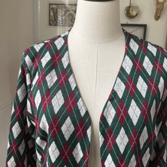 Vintage 70s Polyester Knit Argyle Cardigan Blazer Green Burgundy M