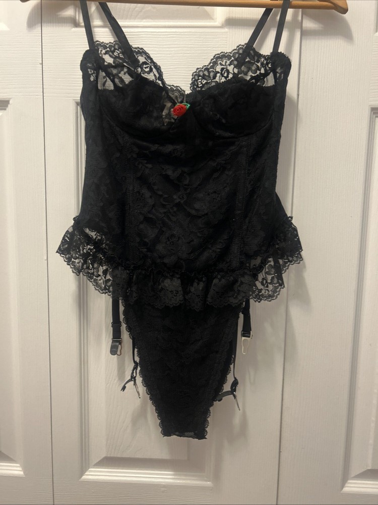 VTG 90’s Shirley Of Hollywood Black Lace Teddiette Underwire Corset&Garter S-L