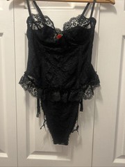 VTG 90’s Shirley Of Hollywood Black Lace Teddiette Underwire Corset&Garter S-L