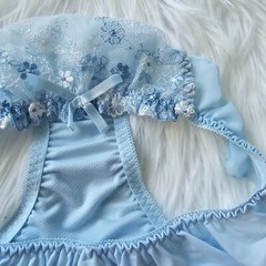 Vintage Sissy Lace Panty Blue Nylon Spandex Blend Brief Size Small Hip 32-36″
