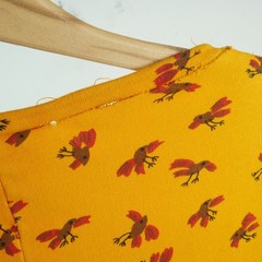 Betsey Johnson Alley Cat 7/8 XS Dress Vintage 70s Bird Print Yellow Puff Sleeve