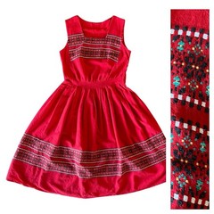 1950s Red Cotton Embroidered Folk border Dress Full Skirt Sleeveless pleated