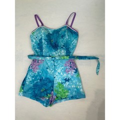 Vintage DeWeese Design Floral Romper Blue Purple Sleeveless Belted One Piece