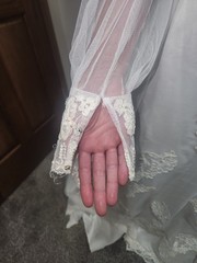 VTG 1970s Beaded Wedding Dress High Neck Illusion Lace Angel Sleeve ILGWU Train